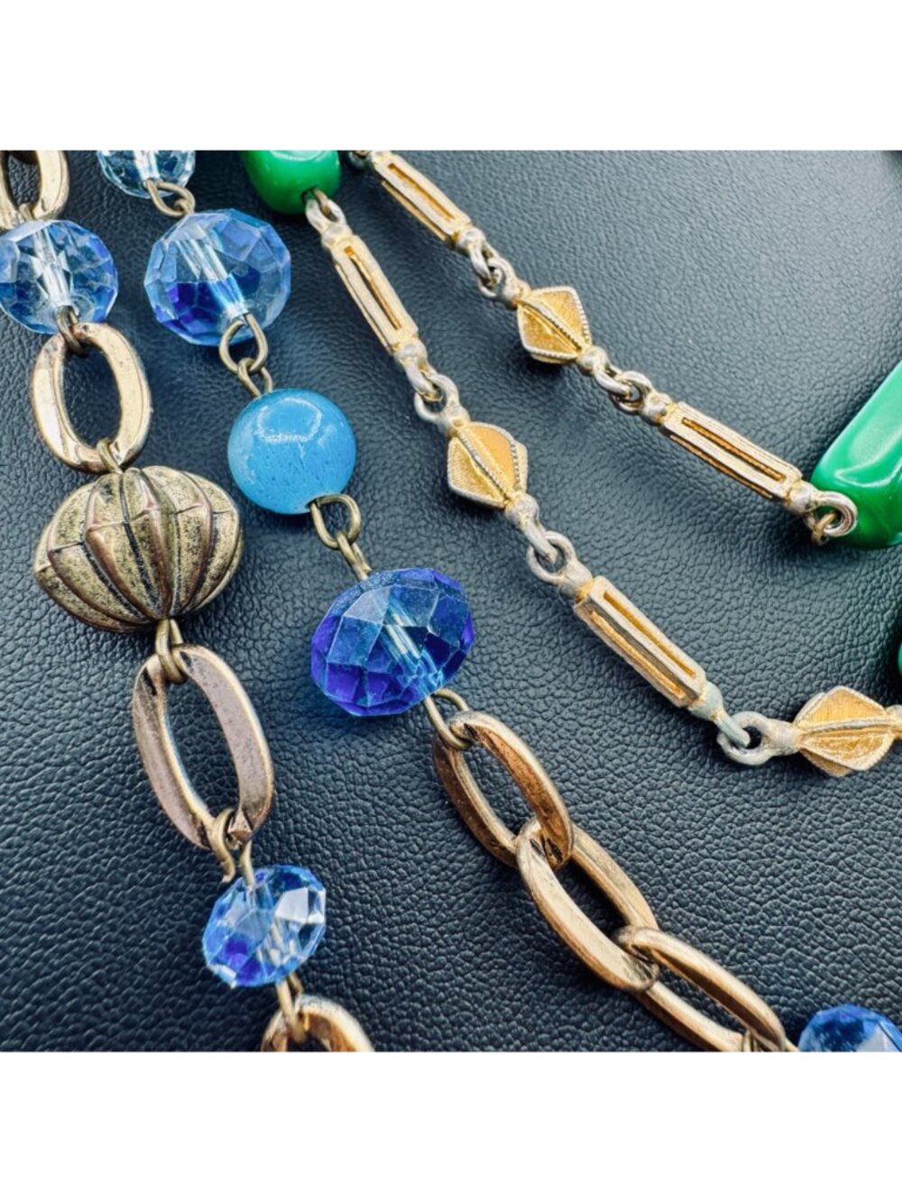 Vintage Station Bead Necklaces Green Blue Glass Beads Gold Tone 36" 48" 1960s - Picture 3 of 6